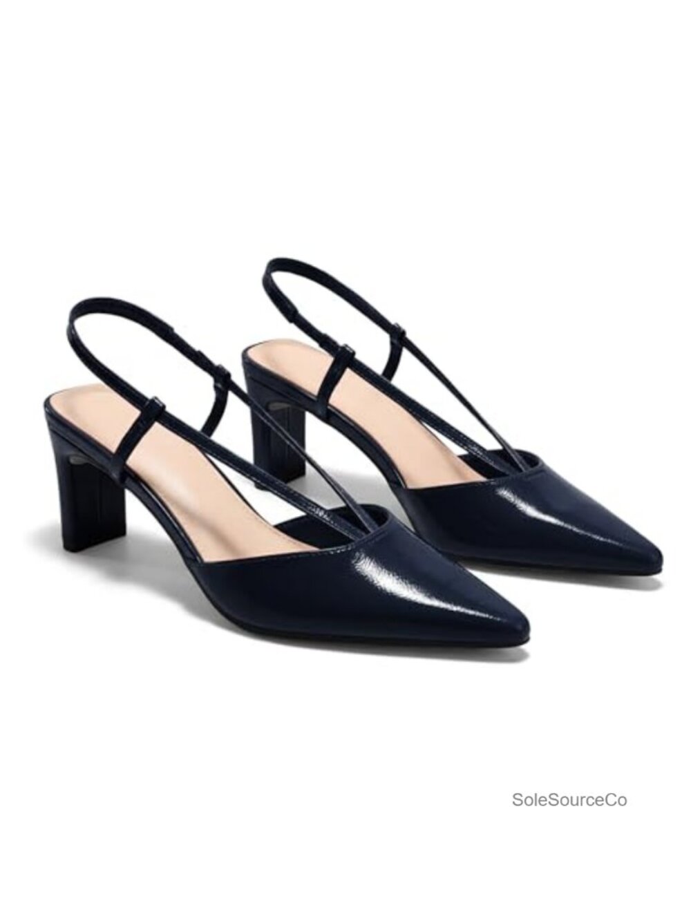 Women's Low Chunky Heel Slingback Pumps Pointed Toe Faux Leather Dress Shoes